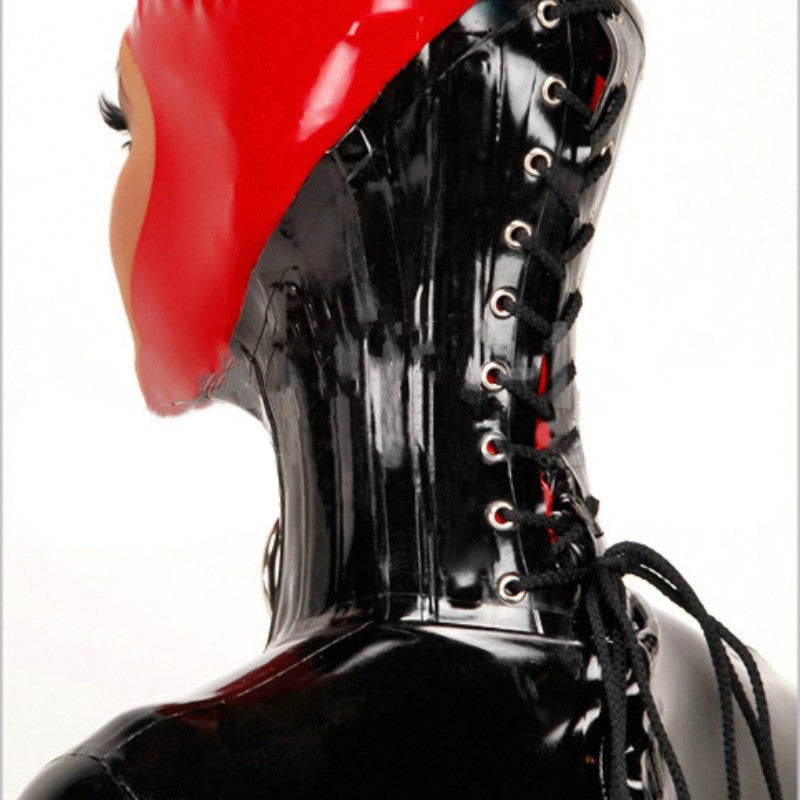 Natural Latex High-Neck Hood with Reinforced Keel – Tight Fit, Back Lace-Up, and Metal O-Ring Detail