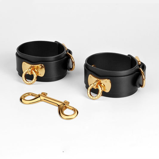 Deluxe Leather Restraint Set with Gold Hardware – Wrist, Ankle & Cross-Bondage Kit