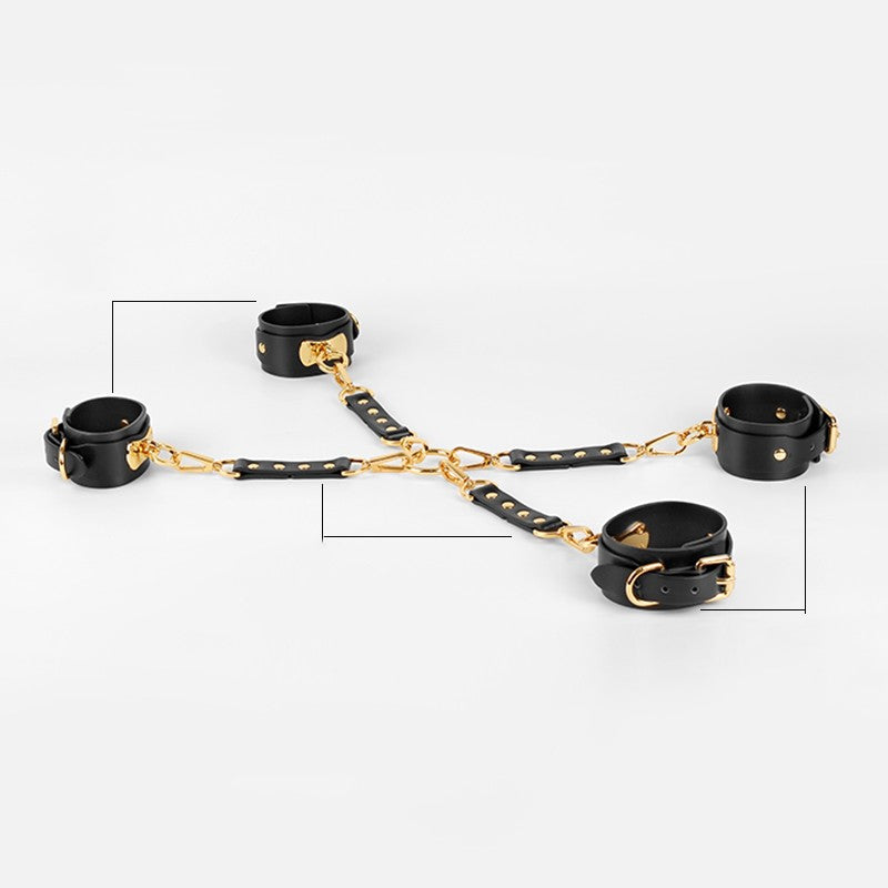 Deluxe Leather Restraint Set with Gold Hardware – Wrist, Ankle & Cross-Bondage Kit