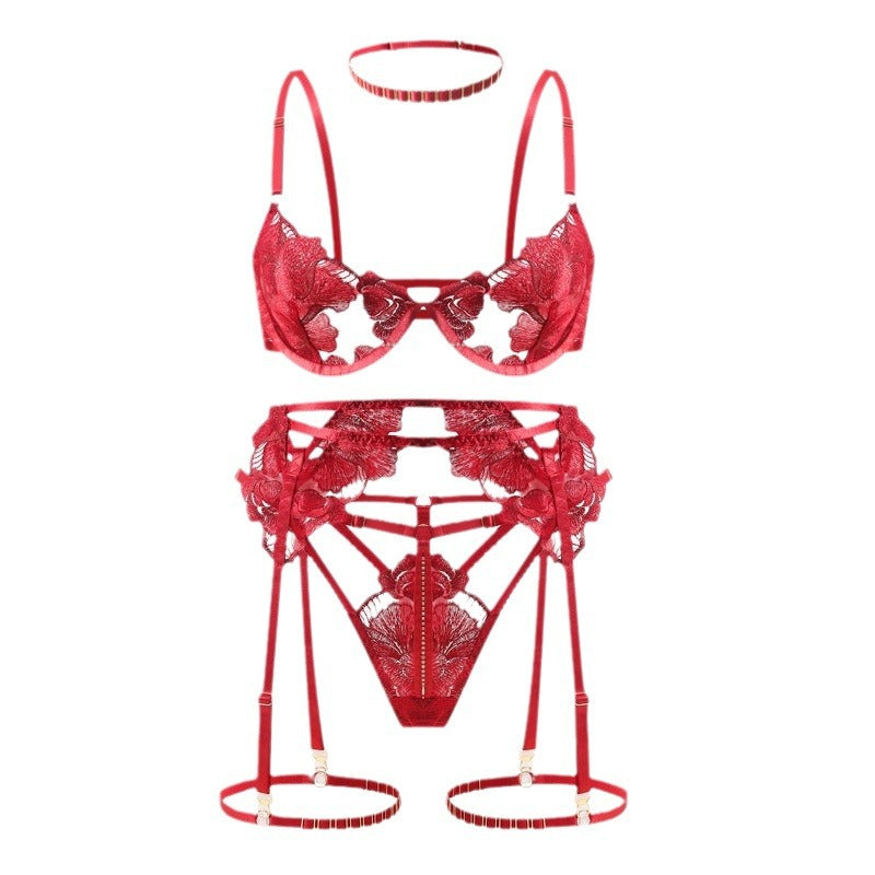 European And American Bra Lace Embroidery Three-point T-shaped Lingerie Suit