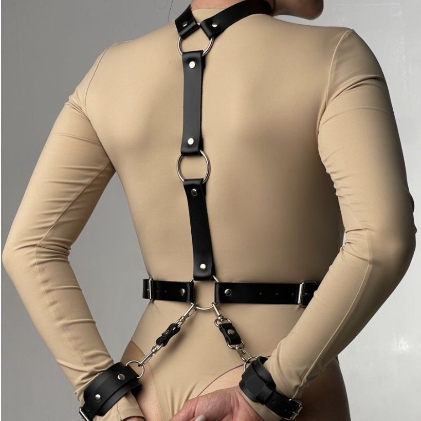 Adjustable PU Leather Restraint Harness with Collar and Cuffs – Versatile Front & Back Bondage Strap