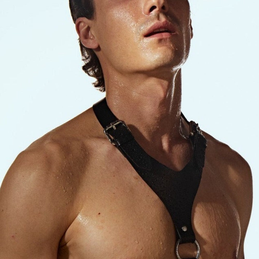 Dominant Fit: Black Leather Bondage Chest Harness for Men