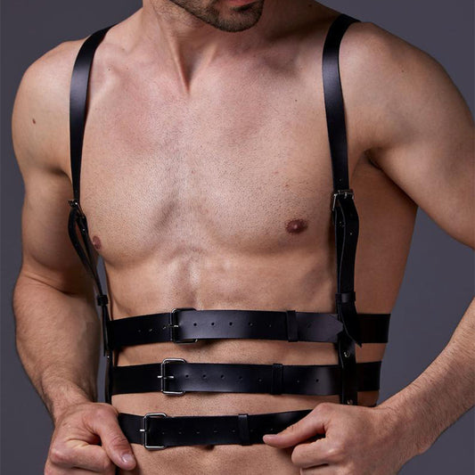 Adjustable Men's Leather Body Harness – Alternative Fashion Strap Vest with Suspender Design